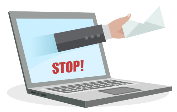 STOP!(노트북 화면에서 이메일이 밖으로 빠져나가는 이미지)